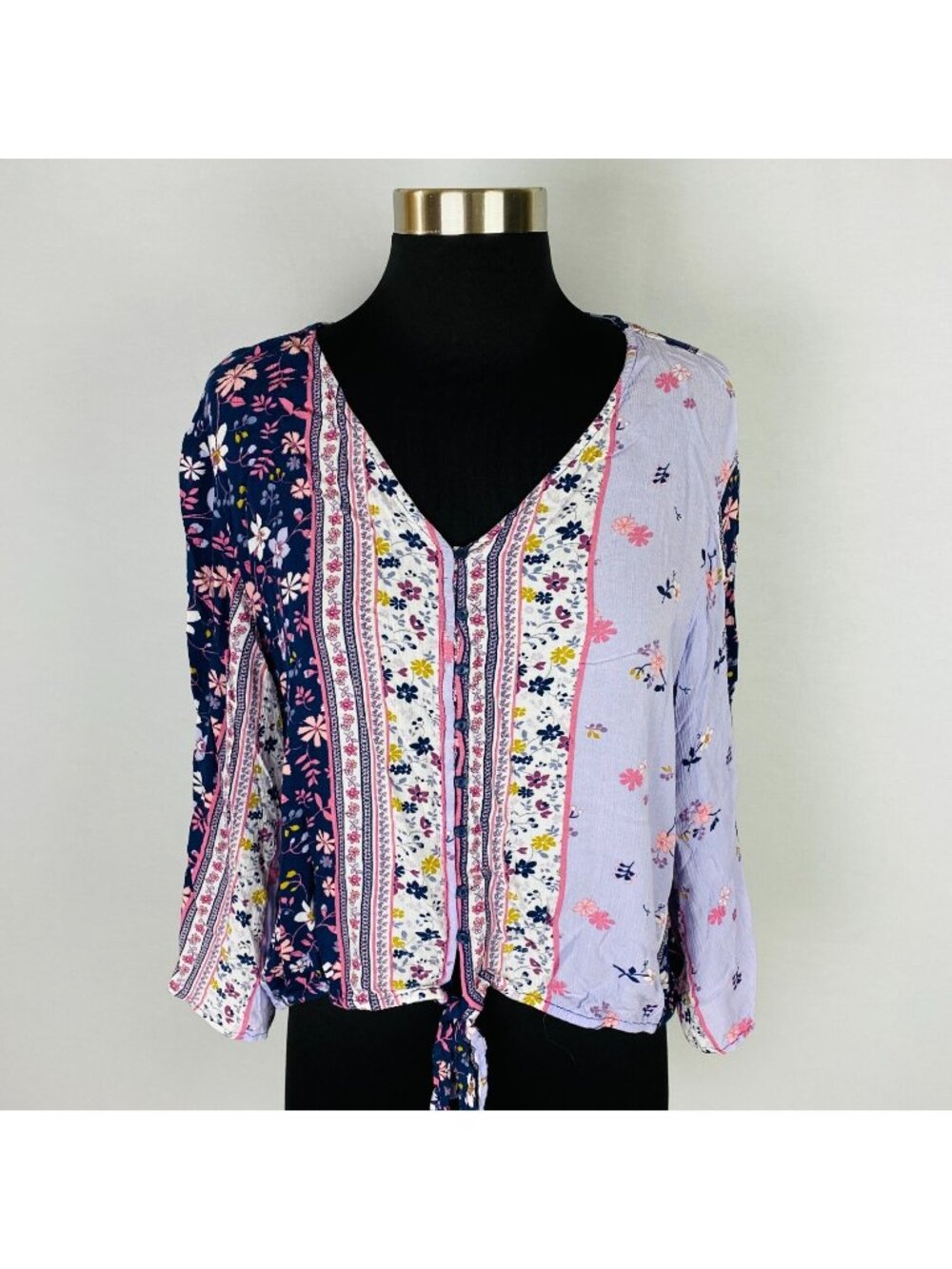 ANA A New Approach Womens Purple Floral Bloomcore Patchwork Wide Sleeves Top XL
